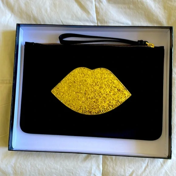 Lulu Guinness black satin pouch with gold glitter lip logo and wrist strap - Picture 2 of 5
